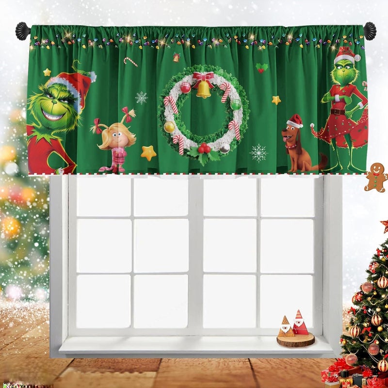 SUNWISHA Christmas Valance Curtains 52x18 Inch - Holiday Wreath & Pocket Accents in Green, Festive Kitchen/Bathroom Decor for Winter Homes - Image 1